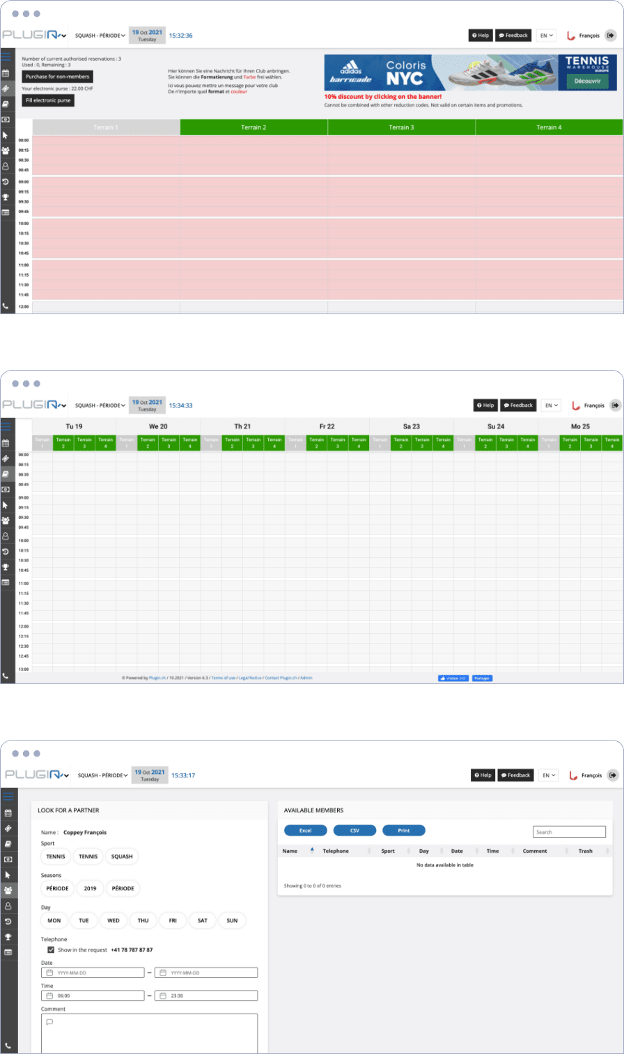 Plugin tennis club schedule and membership management screens