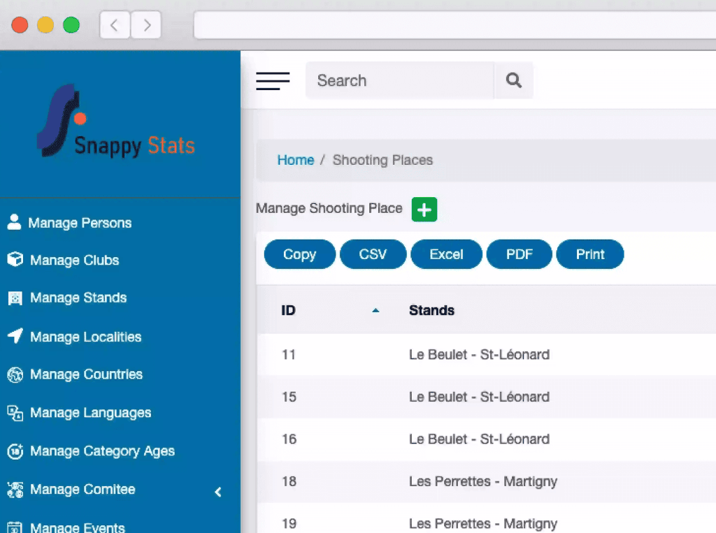Snappy Stats shooting events scheduling and management dashboard UI